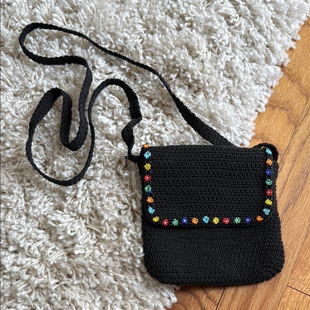 Small Black Crochet Crossbody Bag Purse Handbag Beaded Accents Travel Vacation